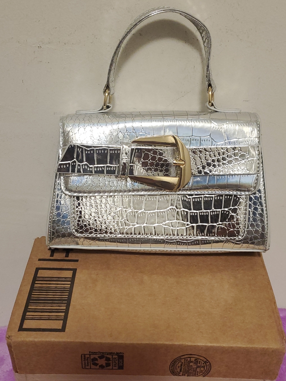 PrettyLittleThing Silver Croc-Embossed Top Handle Bag with Gold Buckle